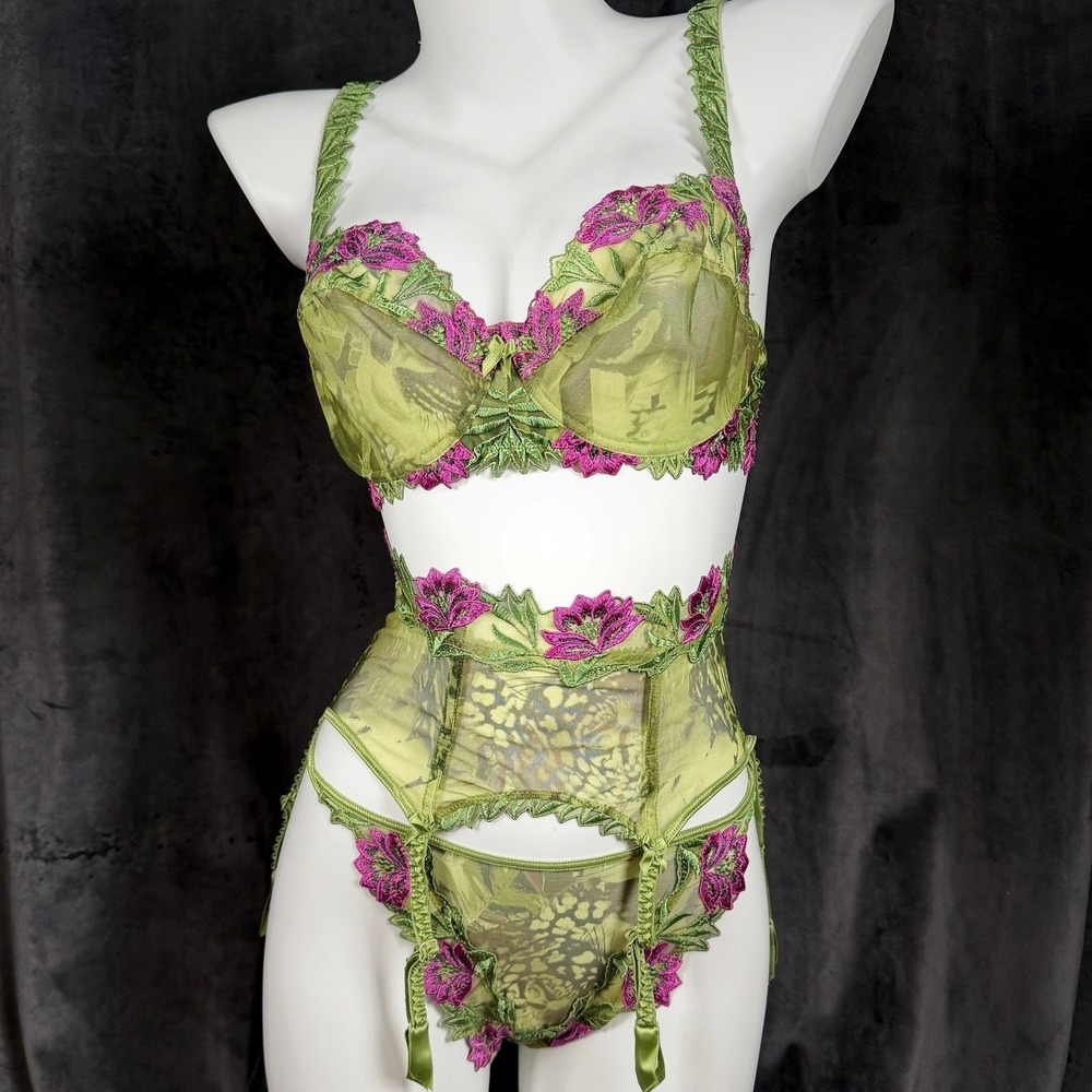 Y2K Lise Charmel Sheer Camo Leopard 3pc Garter Set Couture Luxury French Floral